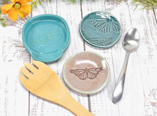 Monarch Butterfly Ceramic Small Coffee Spoon Rest, Handmade Stoneware Pottery Jewelry Trinket Dish, Blue Green Pink, Nature Lover Gift