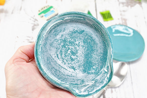 Island Decor Ceramic Spoon Rest, Turquoise Blue Handmade Small Pottery for Stovetop, Table Counter - Housewarming Gift Ocean Beach