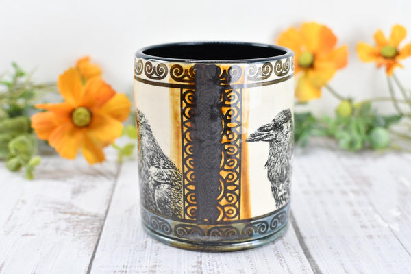 Raven Ceramic Tumbler Cup Bird Lover Gift, Gothic Handmade Coffee Stoneware Decor, Hand Painted Pottery Drinkware Black Blue Amber Yellow