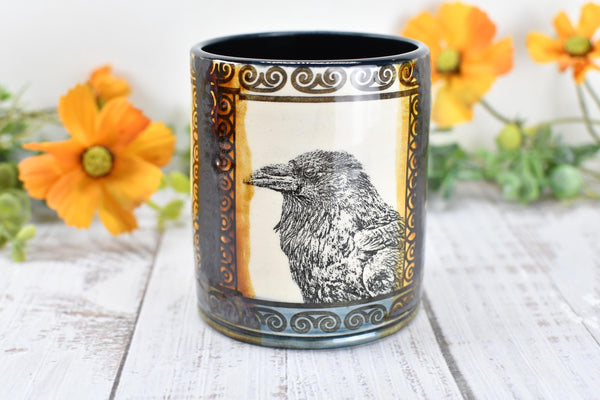Raven Ceramic Tumbler Cup Bird Lover Gift, Gothic Handmade Coffee Stoneware Decor, Hand Painted Pottery Drinkware Black Blue Amber Yellow