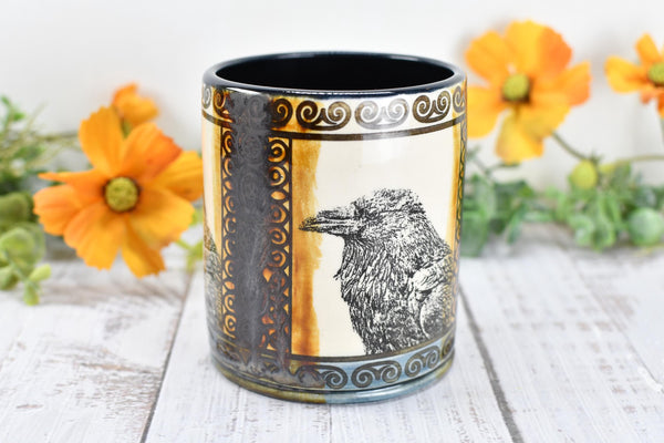 Raven Ceramic Tumbler Cup Bird Lover Gift, Gothic Handmade Coffee Stoneware Decor, Hand Painted Pottery Drinkware Black Blue Amber Yellow