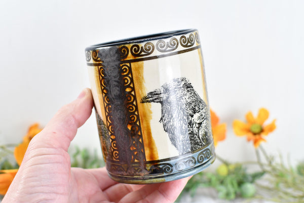 Raven Ceramic Tumbler Cup Bird Lover Gift, Gothic Handmade Coffee Stoneware Decor, Hand Painted Pottery Drinkware Black Blue Amber Yellow