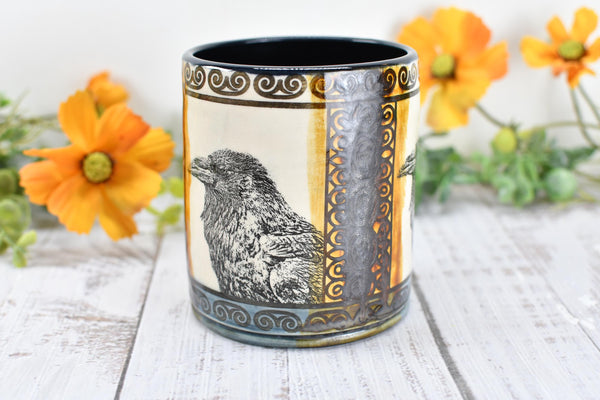 Raven Ceramic Tumbler Cup Bird Lover Gift, Gothic Handmade Coffee Stoneware Decor, Hand Painted Pottery Drinkware Black Blue Amber Yellow