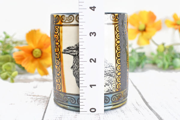 Raven Ceramic Tumbler Cup Bird Lover Gift, Gothic Handmade Coffee Stoneware Decor, Hand Painted Pottery Drinkware Black Blue Amber Yellow