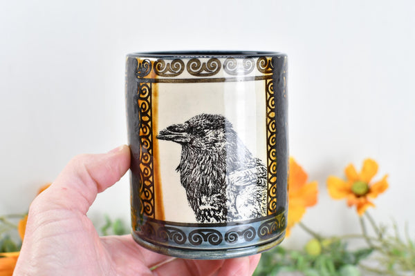 Raven Ceramic Tumbler Cup Bird Lover Gift, Gothic Handmade Coffee Stoneware Decor, Hand Painted Pottery Drinkware Black Blue Amber Yellow