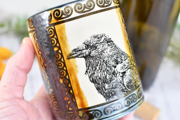Raven Ceramic Tumbler Cup Bird Lover Gift, Gothic Handmade Coffee Stoneware Decor, Hand Painted Pottery Drinkware Black Blue Amber Yellow