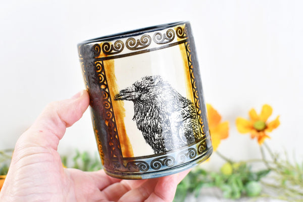 Raven Ceramic Tumbler Cup Bird Lover Gift, Gothic Handmade Coffee Stoneware Decor, Hand Painted Pottery Drinkware Black Blue Amber Yellow