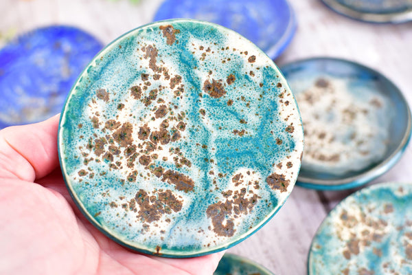 Turquoise Ceramic Small Coffee Spoon Rest, Blue Green Rustic Handmade Small Pottery for Housewarming Birthday Coworker Christmas Gift