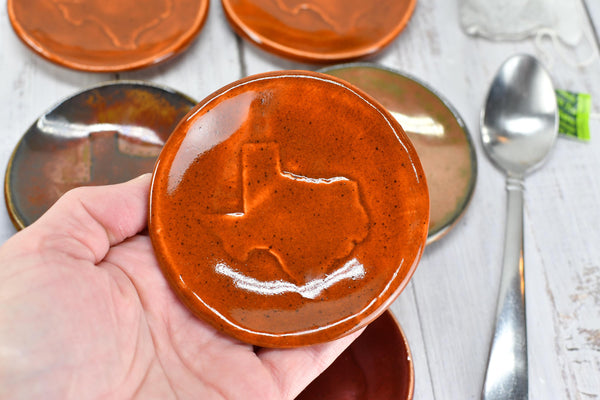 Texas Ceramic Small Coffee Spoon Rest Gift, Handmade Jewelry Trinket Dish, Stoneware Pottery, Orange, Blue, Turquoise, Brown, Green, Black