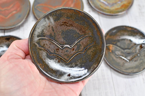 Bat Small Ceramic Coffee Spoon Rest, Handmade Stoneware Pottery Trinket Jewelry Dish, Halloween Black, White, Turquoise, Gray Gothic Decor