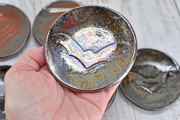 Bat Small Ceramic Coffee Spoon Rest, Handmade Stoneware Pottery Trinket Jewelry Dish, Halloween Black, White, Turquoise, Gray Gothic Decor