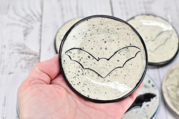 Bat Small Ceramic Coffee Spoon Rest, Handmade Stoneware Pottery Trinket Jewelry Dish, Halloween Black, White, Turquoise, Gray Gothic Decor