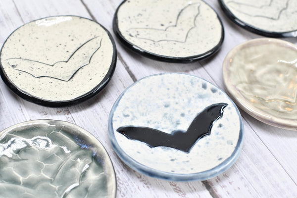 Bat Small Ceramic Coffee Spoon Rest, Handmade Stoneware Pottery Trinket Jewelry Dish, Halloween Black, White, Turquoise, Gray Gothic Decor