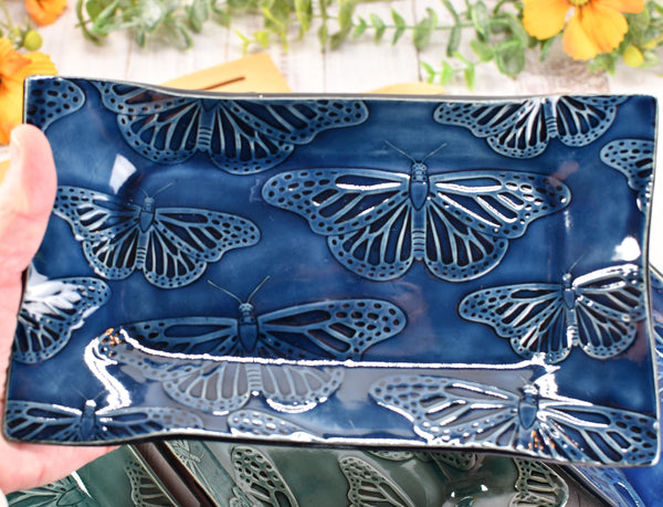 Butterfly Ceramic Dish, Spoon Rest, Handmade Stoneware Pottery for Countertop & Dining, Monarch Green Blue, Cracker Dish, Jewelry Trinket