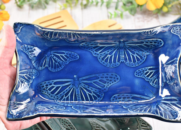 Butterfly Ceramic Dish, Spoon Rest, Handmade Stoneware Pottery for Countertop & Dining, Monarch Green Blue, Cracker Dish, Jewelry Trinket