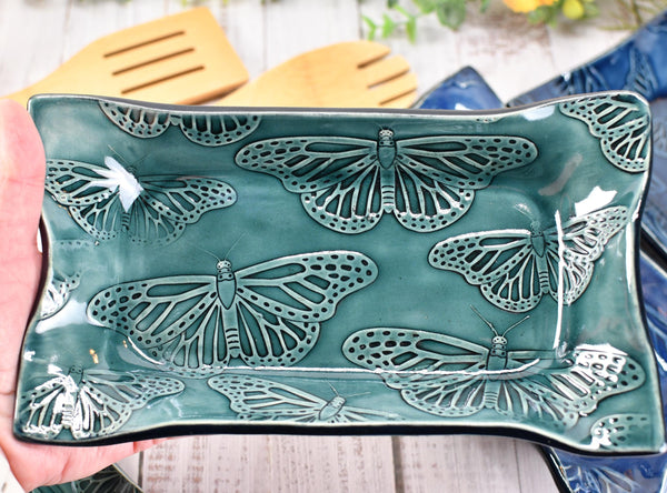 Butterfly Ceramic Dish, Spoon Rest, Handmade Stoneware Pottery for Countertop & Dining, Monarch Green Blue, Cracker Dish, Jewelry Trinket