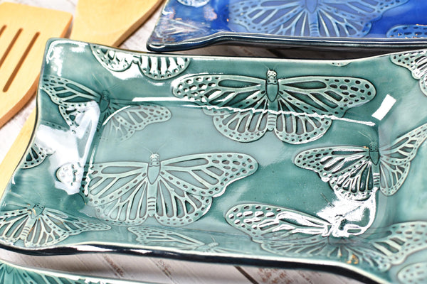 Butterfly Ceramic Dish, Spoon Rest, Handmade Stoneware Pottery for Countertop & Dining, Monarch Green Blue, Cracker Dish, Jewelry Trinket
