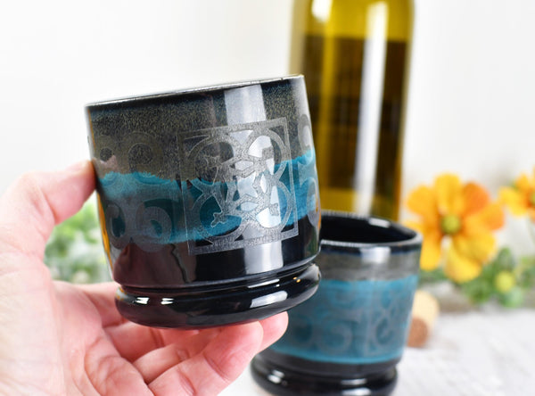 Ceramic Whiskey Cup, Handmade Pottery Stoneware Wine Drink Couples Housewarming Black and Turquoise Blue Birthday Gift, Per Each
