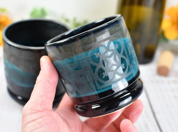 Ceramic Whiskey Cup, Handmade Pottery Stoneware Wine Drink Couples Housewarming Black and Turquoise Blue Birthday Gift, Per Each