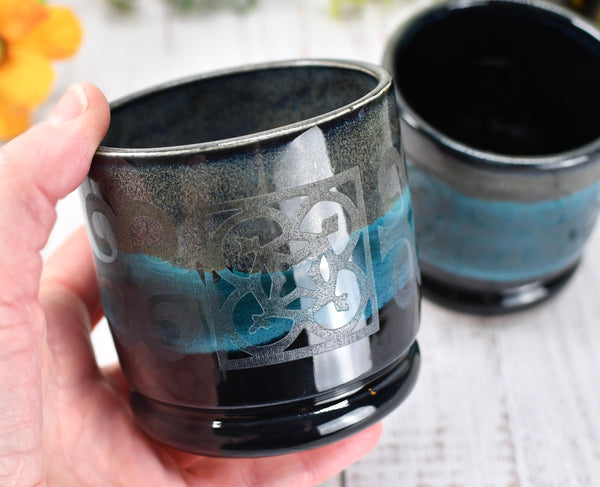 Ceramic Whiskey Cup, Handmade Pottery Stoneware Wine Drink Couples Housewarming Black and Turquoise Blue Birthday Gift, Per Each