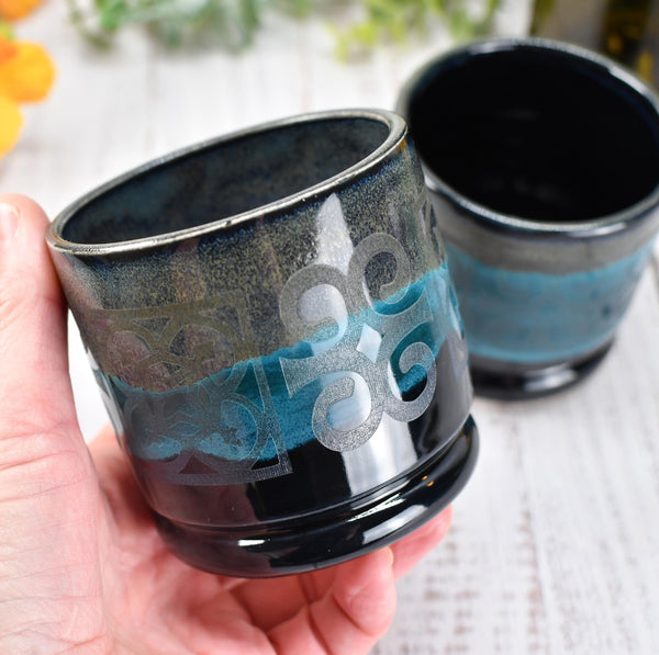 Ceramic Whiskey Cup, Handmade Pottery Stoneware Wine Drink Couples Housewarming Black and Turquoise Blue Birthday Gift, Per Each