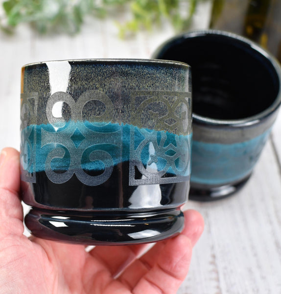 Ceramic Whiskey Cup, Handmade Pottery Stoneware Wine Drink Couples Housewarming Black and Turquoise Blue Birthday Gift, Per Each