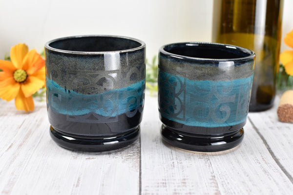 Ceramic Whiskey Cup, Handmade Pottery Stoneware Wine Drink Couples Housewarming Black and Turquoise Blue Birthday Gift, Per Each