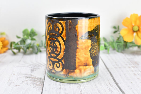 Raven Ceramic Cup Bird Lover Gift Gothic Handmade Coffee Tumbler Stoneware Hand Painted Pottery Drinkware Home Black Green Yellow