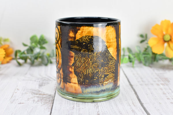 Raven Ceramic Cup Bird Lover Gift Gothic Handmade Coffee Tumbler Stoneware Hand Painted Pottery Drinkware Home Black Green Yellow