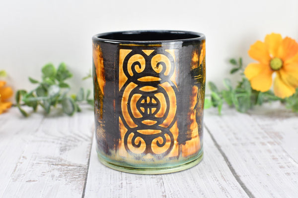 Raven Ceramic Cup Bird Lover Gift Gothic Handmade Coffee Tumbler Stoneware Hand Painted Pottery Drinkware Home Black Green Yellow