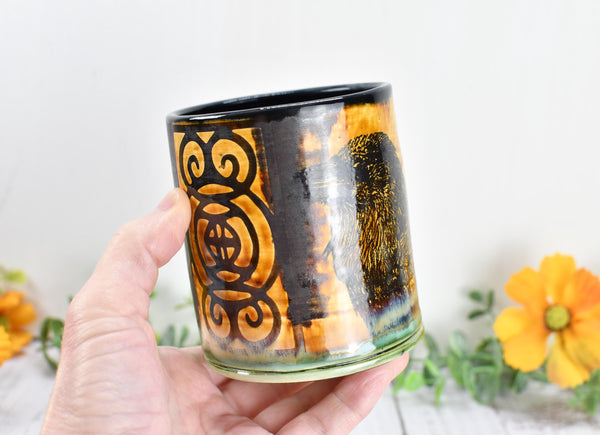 Raven Ceramic Cup Bird Lover Gift Gothic Handmade Coffee Tumbler Stoneware Hand Painted Pottery Drinkware Home Black Green Yellow
