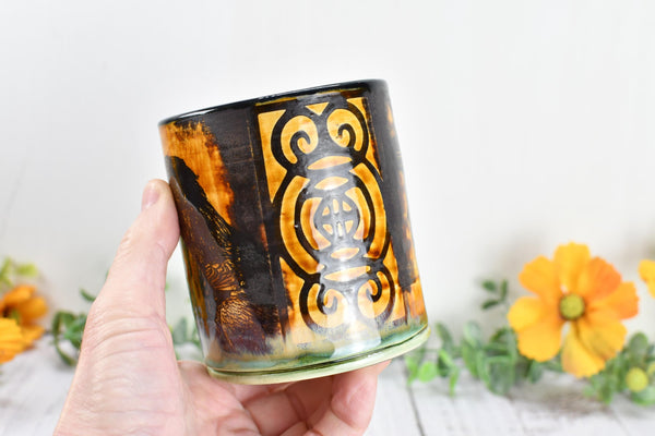 Raven Ceramic Cup Bird Lover Gift Gothic Handmade Coffee Tumbler Stoneware Hand Painted Pottery Drinkware Home Black Green Yellow