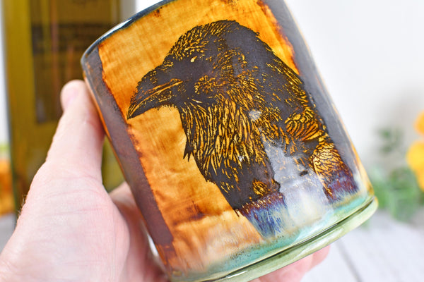 Raven Ceramic Cup Bird Lover Gift Gothic Handmade Coffee Tumbler Stoneware Hand Painted Pottery Drinkware Home Black Green Yellow