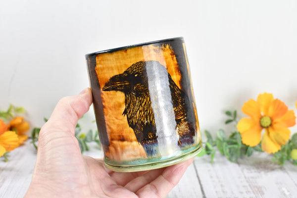 Raven Ceramic Cup Bird Lover Gift Gothic Handmade Coffee Tumbler Stoneware Hand Painted Pottery Drinkware Home Black Green Yellow