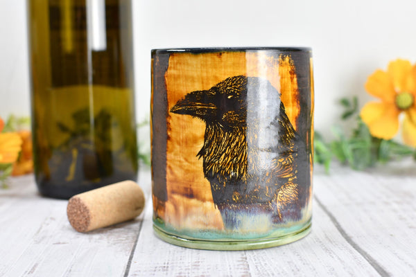 Raven Ceramic Cup Bird Lover Gift Gothic Handmade Coffee Tumbler Stoneware Hand Painted Pottery Drinkware Home Black Green Yellow