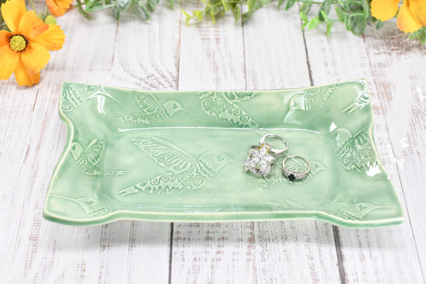 Hummingbird Ceramic Dish, Spoon Rest, Handmade Stoneware Pottery for Countertop & Dining, Green, Cracker Snacks Cheese Dish, Jewelry Trinket