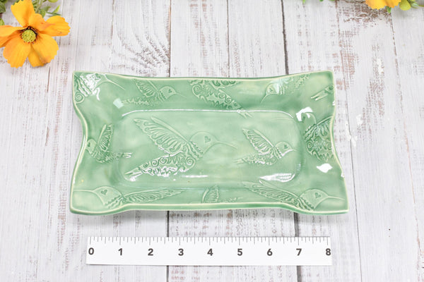Hummingbird Ceramic Dish, Spoon Rest, Handmade Stoneware Pottery for Countertop & Dining, Green, Cracker Snacks Cheese Dish, Jewelry Trinket