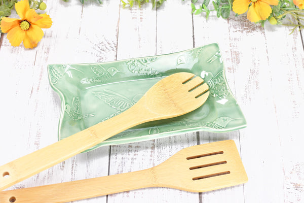 Hummingbird Ceramic Dish, Spoon Rest, Handmade Stoneware Pottery for Countertop & Dining, Green, Cracker Snacks Cheese Dish, Jewelry Trinket
