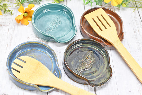 Monarch Butterfly Ceramic Spoon Rest, Handmade Stoneware Pottery, Kitchen Stove Dining, Soap Dish, Wine Bottle Drip Black Copper Blue Green