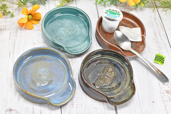 Monarch Butterfly Ceramic Spoon Rest, Handmade Stoneware Pottery, Kitchen Stove Dining, Soap Dish, Wine Bottle Drip Black Copper Blue Green