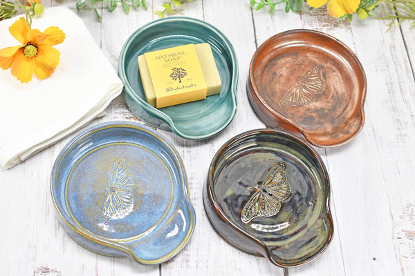 Monarch Butterfly Ceramic Spoon Rest, Handmade Stoneware Pottery, Kitchen Stove Dining, Soap Dish, Wine Bottle Drip Black Copper Blue Green