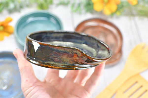 Monarch Butterfly Ceramic Spoon Rest, Handmade Stoneware Pottery, Kitchen Stove Dining, Soap Dish, Wine Bottle Drip Black Copper Blue Green