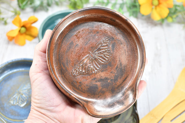 Monarch Butterfly Ceramic Spoon Rest, Handmade Stoneware Pottery, Kitchen Stove Dining, Soap Dish, Wine Bottle Drip Black Copper Blue Green