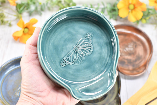 Monarch Butterfly Ceramic Spoon Rest, Handmade Stoneware Pottery, Kitchen Stove Dining, Soap Dish, Wine Bottle Drip Black Copper Blue Green