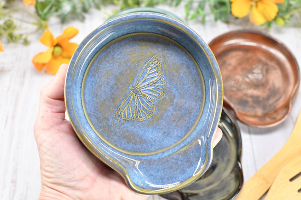 Monarch Butterfly Ceramic Spoon Rest, Handmade Stoneware Pottery, Kitchen Stove Dining, Soap Dish, Wine Bottle Drip Black Copper Blue Green