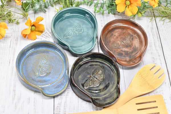 Monarch Butterfly Ceramic Spoon Rest, Handmade Stoneware Pottery, Kitchen Stove Dining, Soap Dish, Wine Bottle Drip Black Copper Blue Green