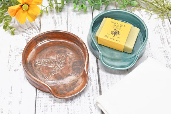 Hummingbird Ceramic Spoon Rest, Large Handmade Stoneware Pottery in Copper and Green - Trinket Dish Housewarming Mother's Day Gift