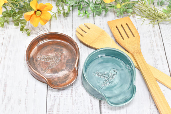 Hummingbird Ceramic Spoon Rest, Large Handmade Stoneware Pottery in Copper and Green - Trinket Dish Housewarming Mother's Day Gift