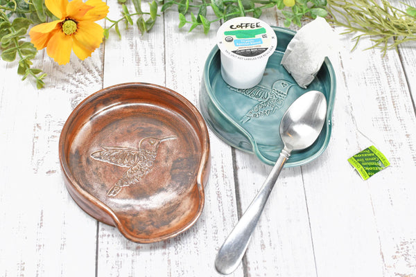 Hummingbird Ceramic Spoon Rest, Large Handmade Stoneware Pottery in Copper and Green - Trinket Dish Housewarming Mother's Day Gift