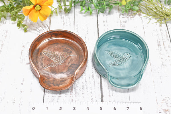 Hummingbird Ceramic Spoon Rest, Large Handmade Stoneware Pottery in Copper and Green - Trinket Dish Housewarming Mother's Day Gift